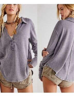 Free People We The Free Anakin purple long sleeve oversized thermal polo tee